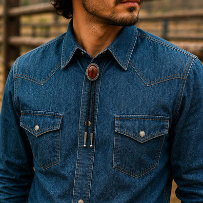 Rust Canyon Red Tiger Eye Bolo Tie worn at realistic 30 by 37 millimeter scale