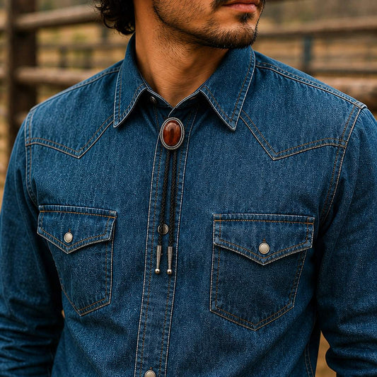 Rust Canyon Red Tiger Eye Bolo Tie worn at realistic 30 by 37 millimeter scale