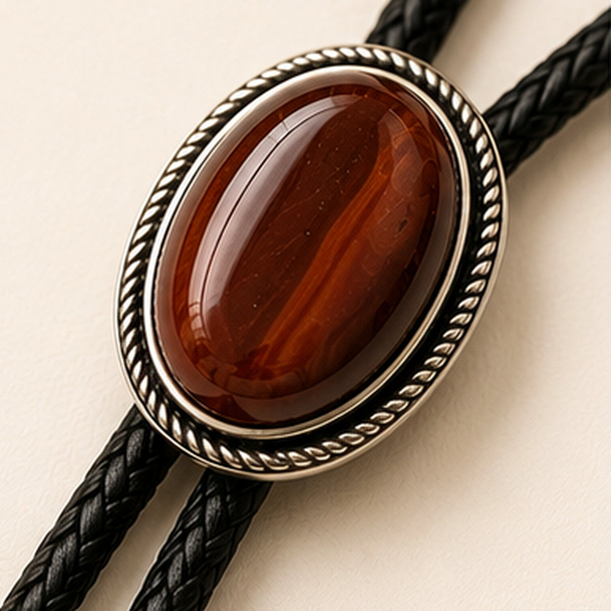 Close-up detail of natural red tiger eye stone and antique silver-tone bolo tie frame
