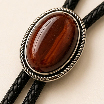Close-up detail of natural red tiger eye stone and antique silver-tone bolo tie frame