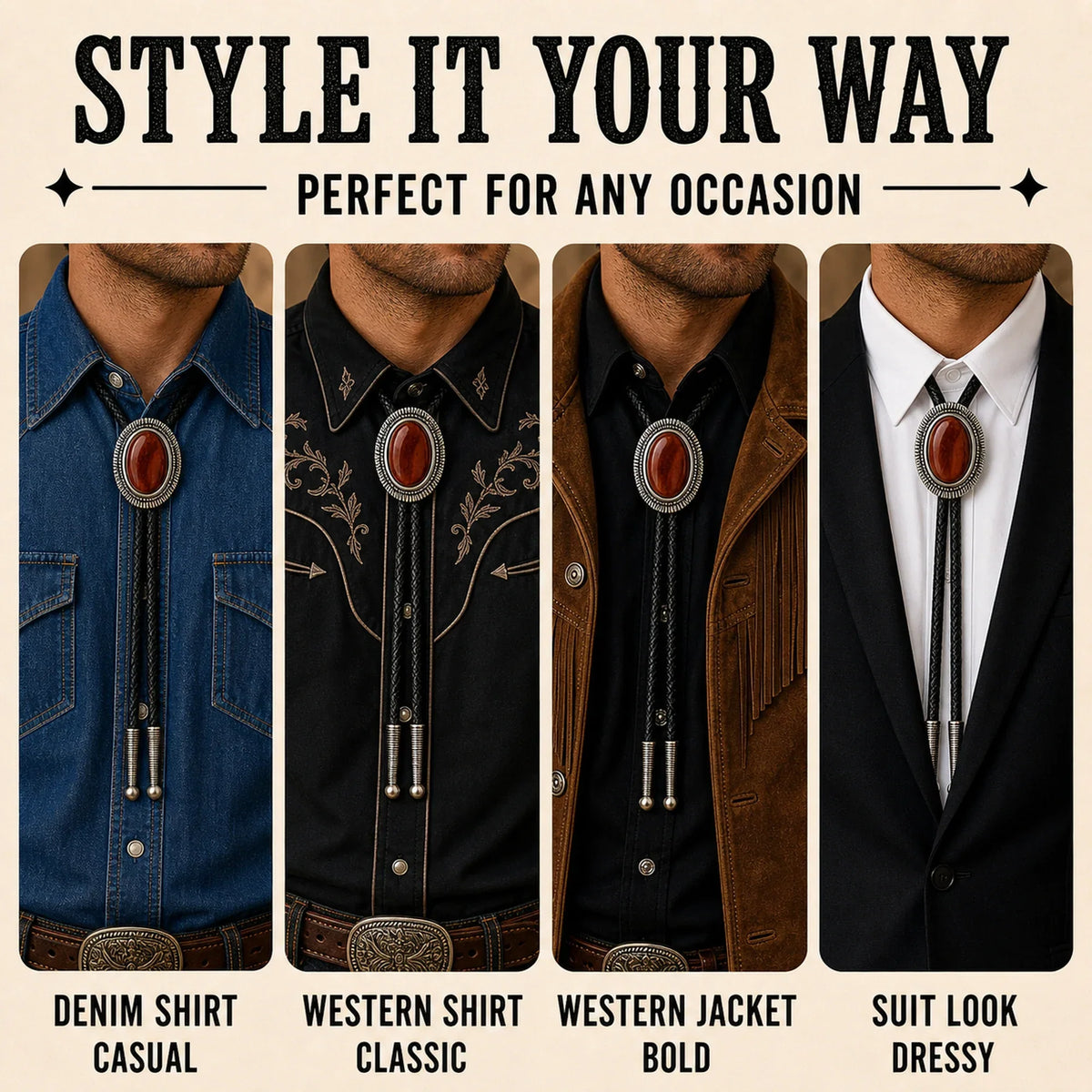 Style it your way outfit guide for Rust Canyon Red Tiger Eye Bolo Tie with denim shirt, western shirt, western jacket, and suit looks
