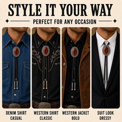 Style it your way outfit guide for Rust Canyon Red Tiger Eye Bolo Tie with denim shirt, western shirt, western jacket, and suit looks