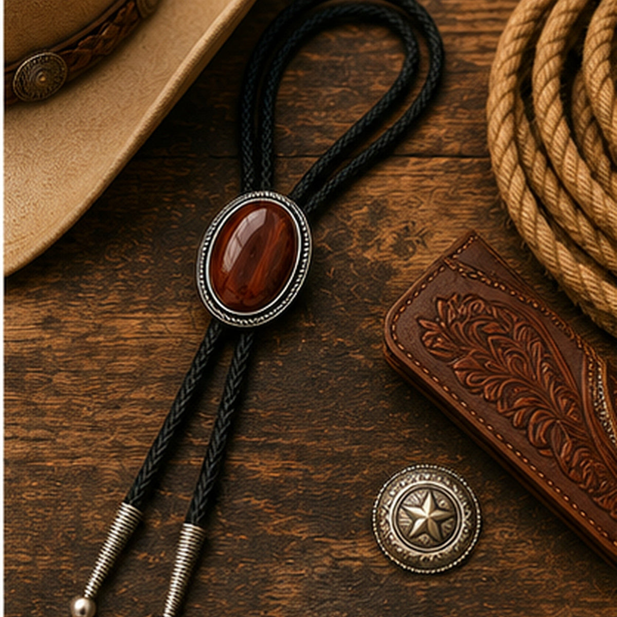 Red tiger eye western bolo tie flat lay with rustic leather and western accessories