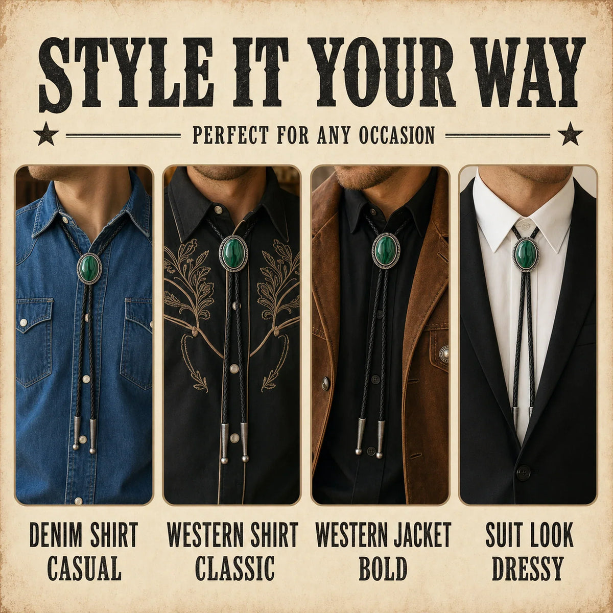 Style it your way outfit guide for Sage Valley Malachite Bolo Tie with denim shirt, western shirt, western jacket, and suit looks
