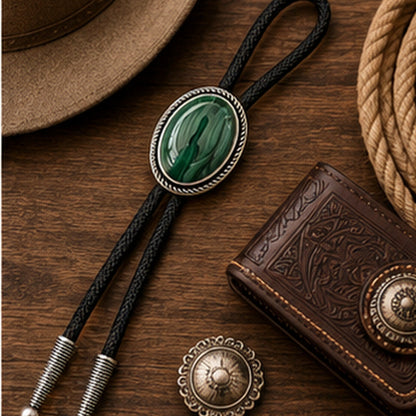 Malachite western bolo tie flat lay with rustic leather and western accessories