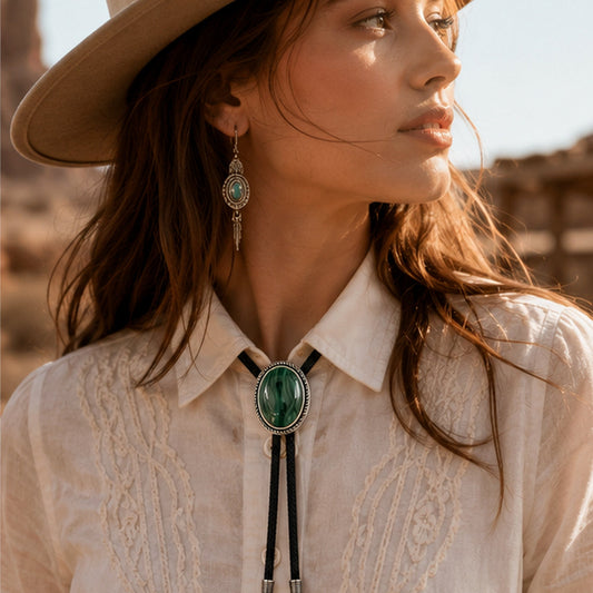Sage Valley Malachite Bolo Tie styled on western shirt for modern desert look