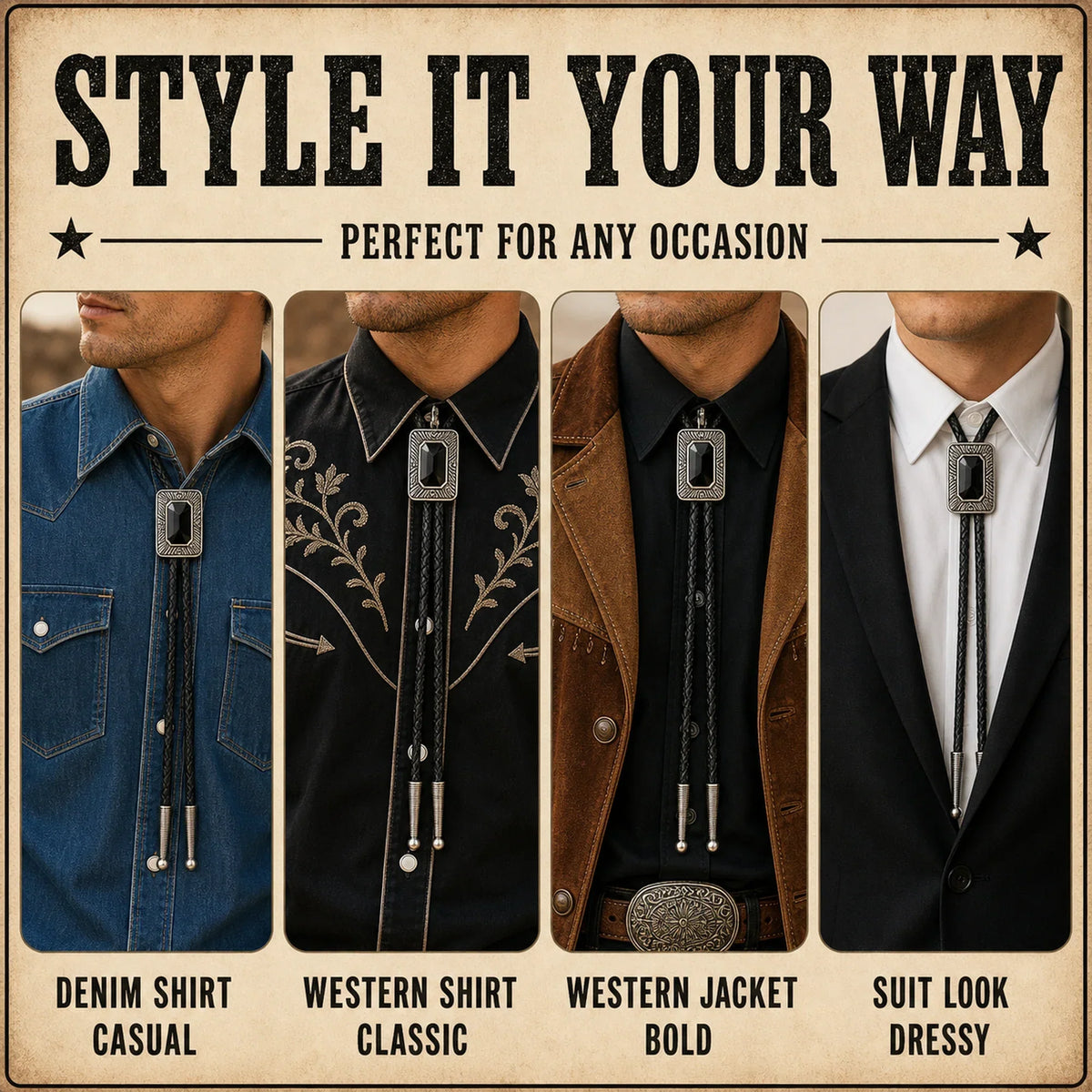 Style it your way outfit guide for Shadow Ridge Black Onyx Bolo Tie with denim shirt, western shirt, western jacket, and suit looks