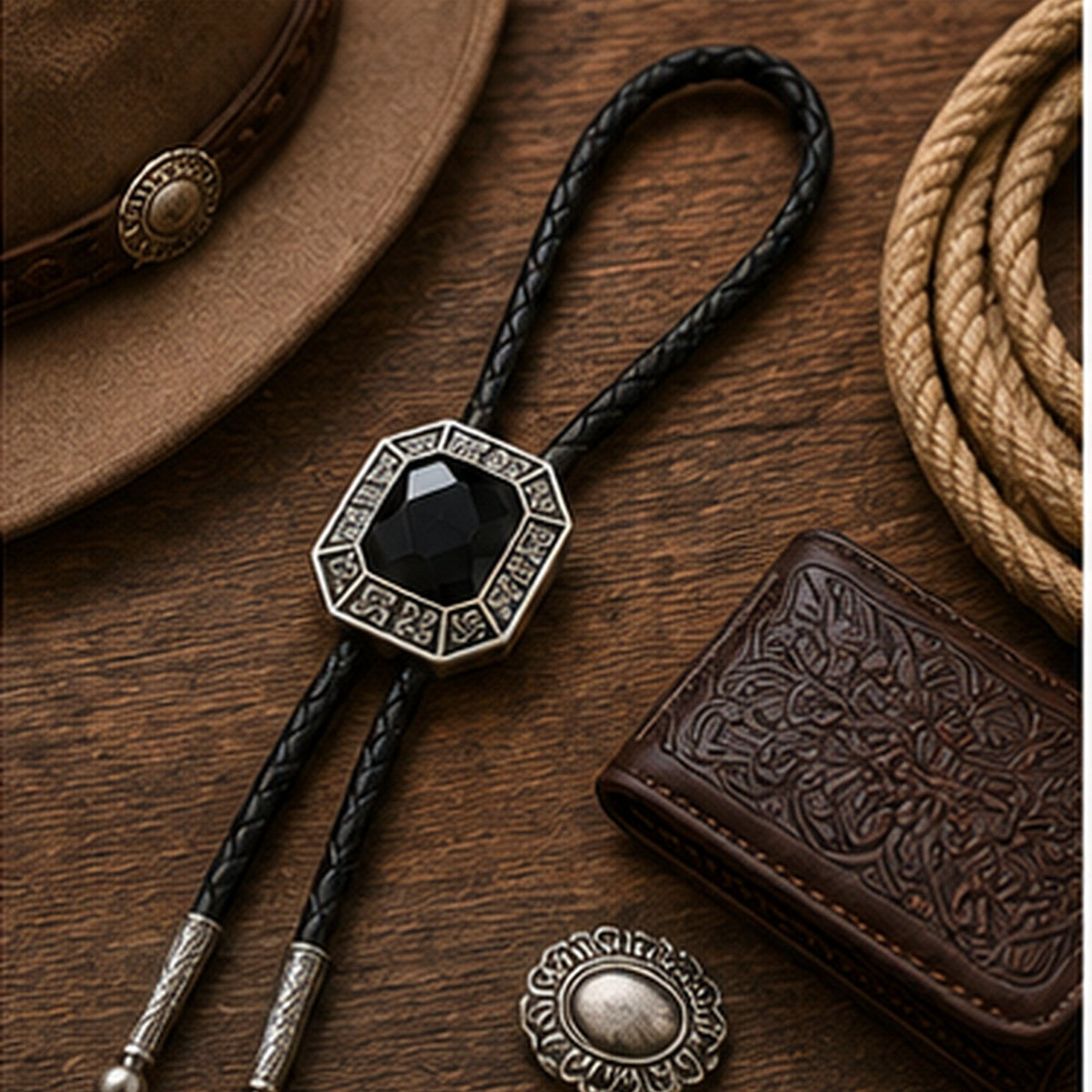 Black onyx western bolo tie flat lay with rustic leather and western accessories