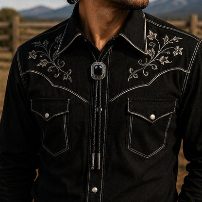 Shadow Ridge Black Onyx Bolo Tie worn at realistic 32 by 35 millimeter scale