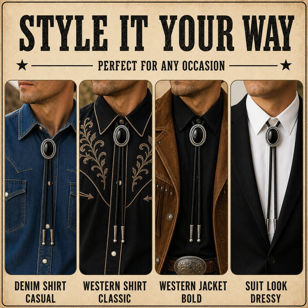 Style it your way outfit guide for Silver Rope Black Obsidian Bolo Tie with denim shirt, western shirt, western jacket, and suit looks
