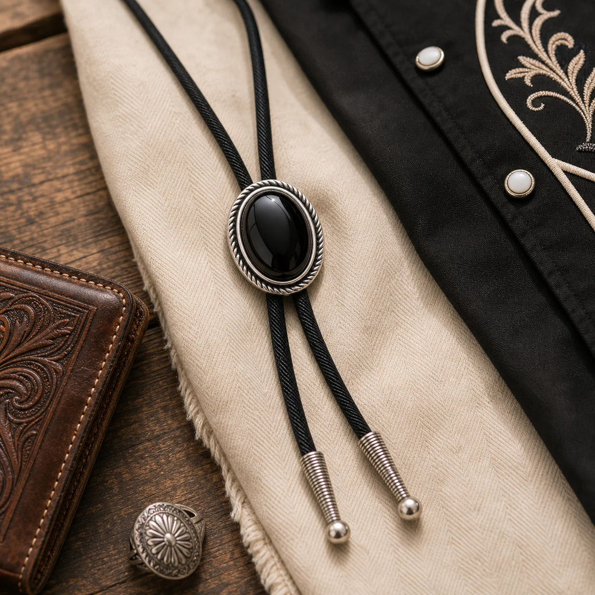 Silver Rope Black Obsidian Bolo Tie in modern western flat lay with leather and embroidered western shirt styling