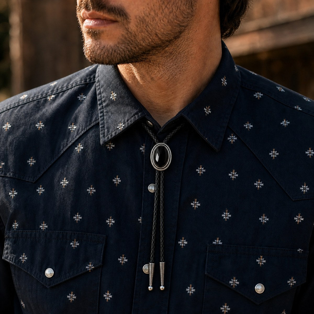 Silver Rope Black Obsidian Bolo Tie worn at realistic 30 by 37 millimeter scale