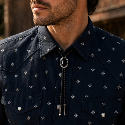 Silver Rope Black Obsidian Bolo Tie worn at realistic 30 by 37 millimeter scale