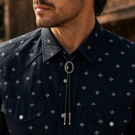 Silver Rope Black Obsidian Bolo Tie worn at realistic 30 by 37 millimeter scale