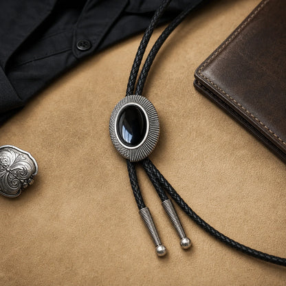 Solstice Black Obsidian Bolo Tie in modern western flat lay with leather wallet and black shirt styling
