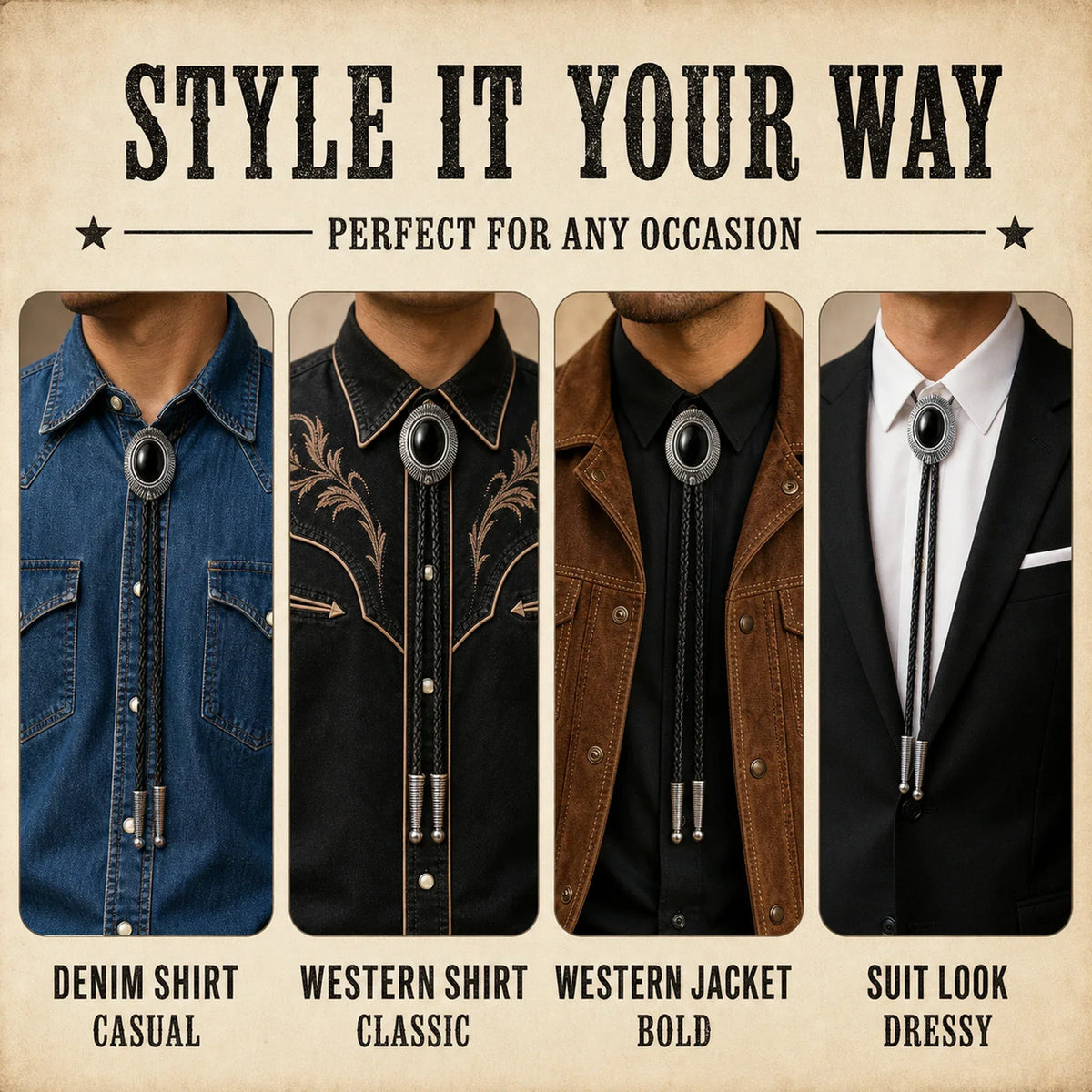 Style it your way outfit guide for Solstice Black Obsidian Bolo Tie with denim shirt, western shirt, western jacket, and suit looks