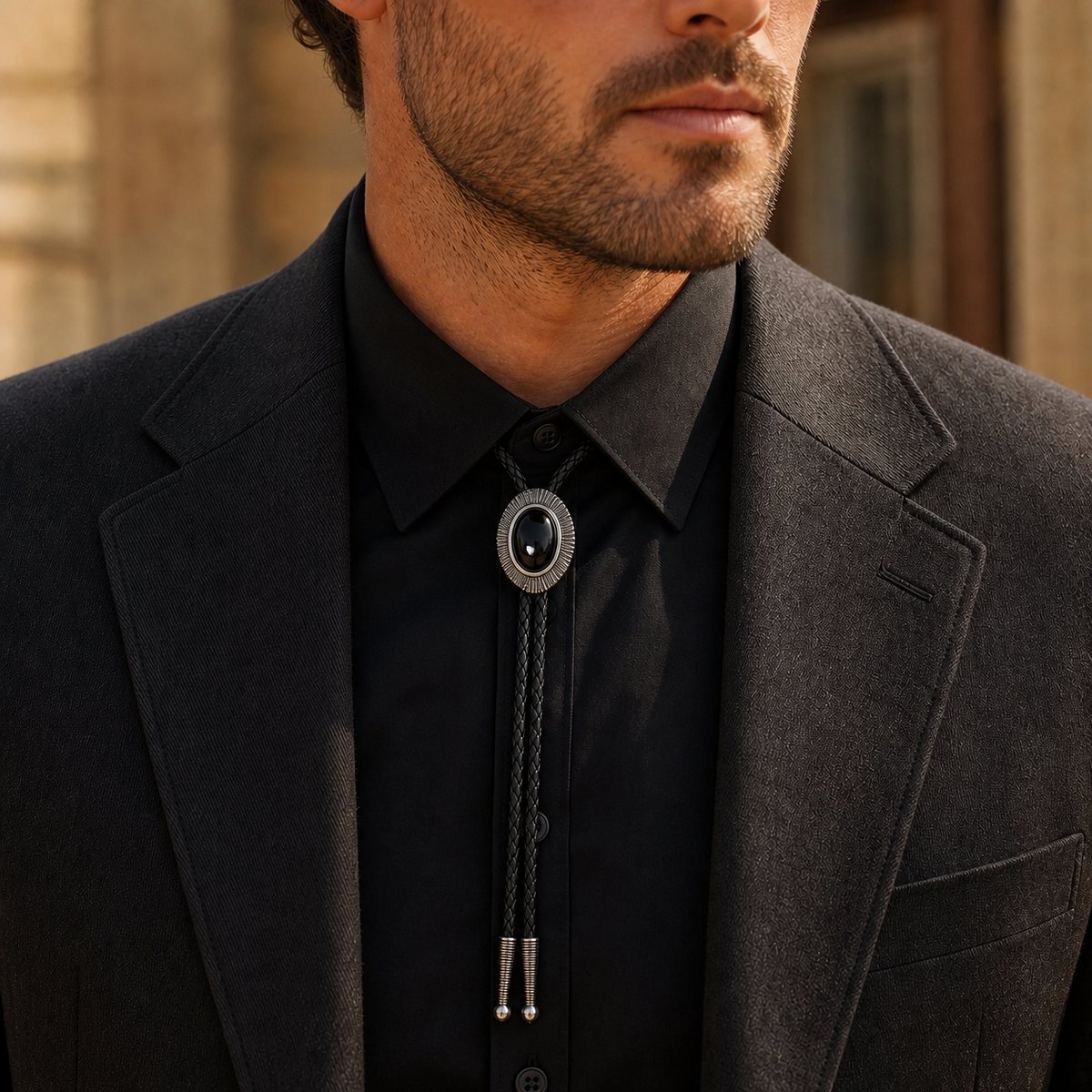 Solstice Black Obsidian Bolo Tie worn at realistic 30 by 40 millimeter scale